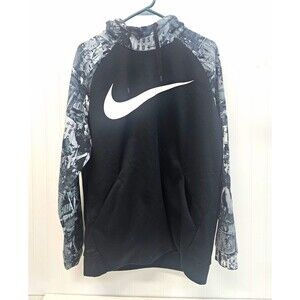 Nike Dri-FIT Mens L Black Gray Fleece Pullover Hoodie Graphic Logo Pockets